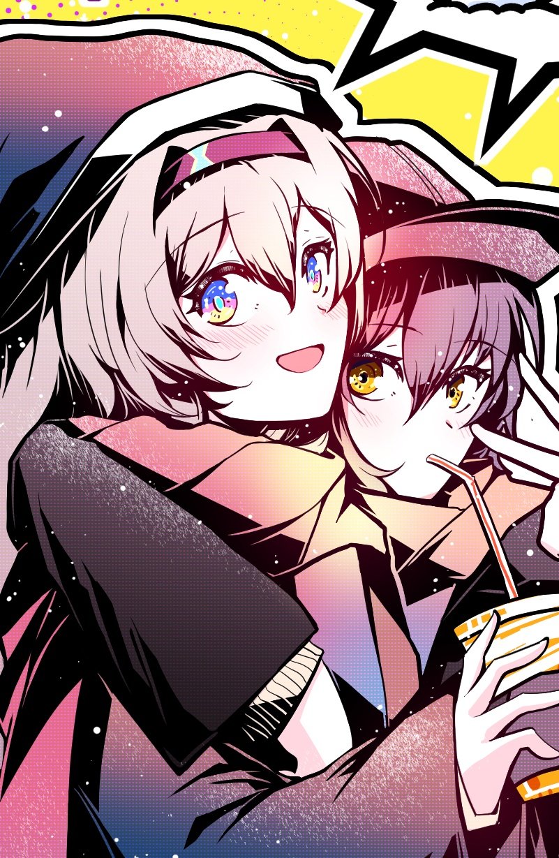 black_hairband blue_pupils cup disposable_cup drinking_straw electronduck firefly_(honkai:_star_rail) grey_hair hair_between_eyes hair_intakes hairband hat highres holding holding_cup honkai:_star_rail honkai_(series) long_sleeves multicolored_eyes stelle_(honkai:_star_rail) trailblazer_(honkai:_star_rail) two-tone_eyes yellow_eyes
