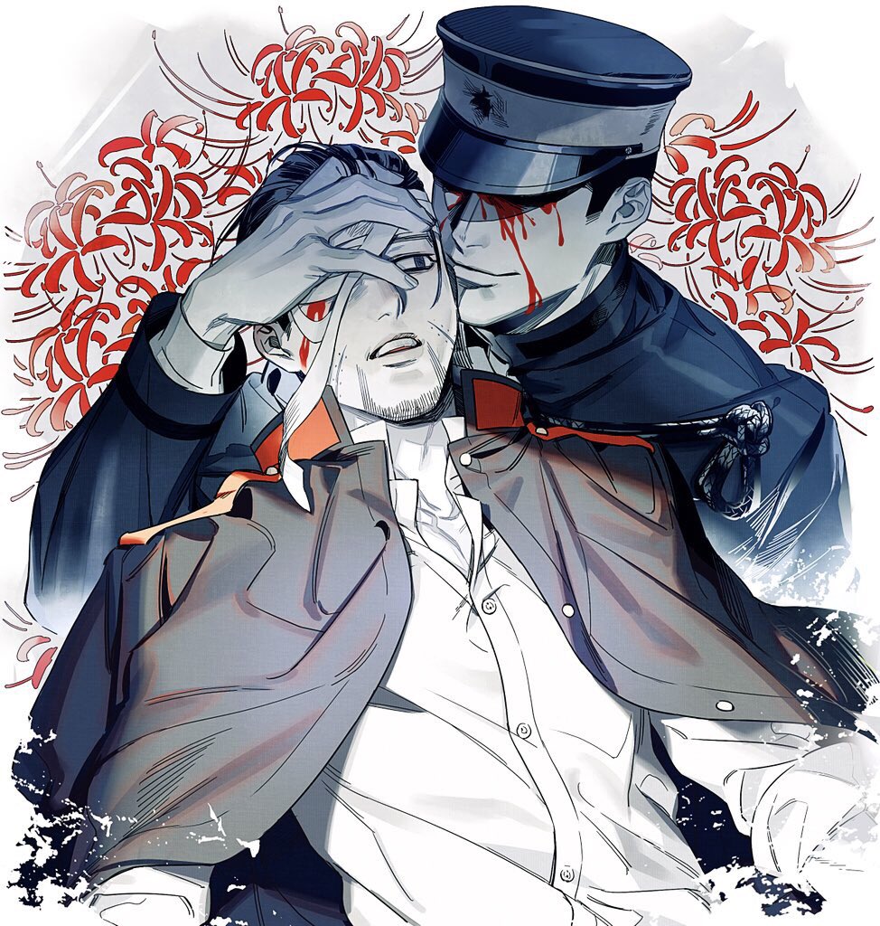 bandage_over_one_eye bandages black_eyes black_hair black_jacket blood blood_on_face closed_mouth collared_jacket covered_eyes facial_hair facial_scar flower goatee golden_kamuy hanazawa_yusaku hand_on_another&#039;s_face hat imperial_japanese_army jacket jyun_xix looking_at_another military military_hat military_uniform ogata_hyakunosuke open_mouth red_flower scar scar_on_cheek scar_on_face shirt short_hair smile upper_body white_background white_shirt