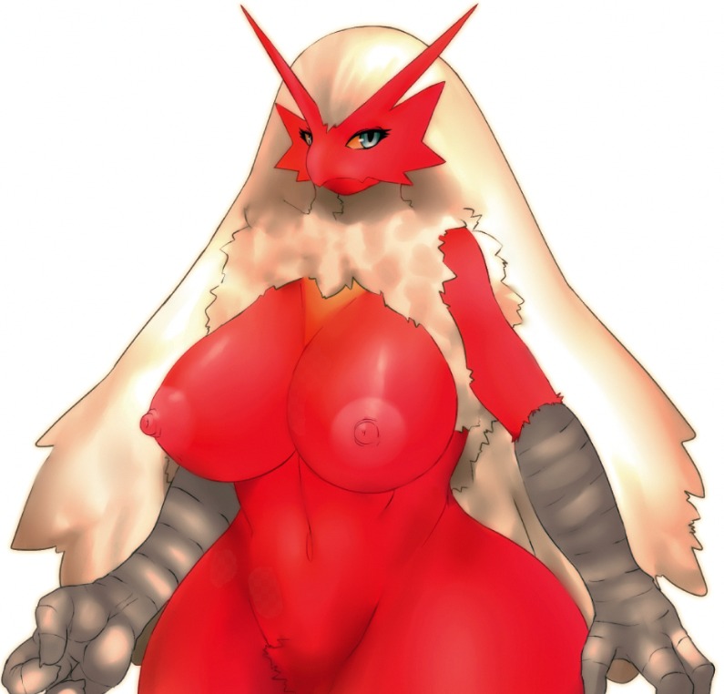 1girl beak blaziken blue_eyes breasts colored_sclera curvy feathers furry gen_3_pokemon hip_focus large_breasts looking_at_viewer mato_spectoru nintendo nipples nude plump pokemon pokemon_(creature) white_background wide_hips yellow_sclera
