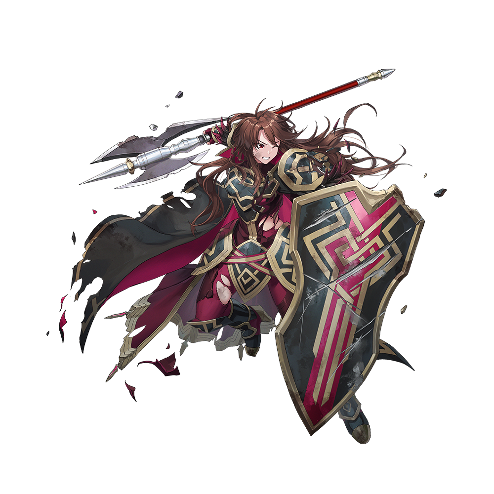 1girl armor axe battle_axe black_cape broken broken_weapon brown_eyes brown_hair cape clenched_teeth dai-xt damaged fingerless_gloves fire_emblem fire_emblem:_mystery_of_the_emblem fire_emblem_heroes gloves holding holding_axe holding_shield long_hair lunge nintendo official_alternate_costume official_art red_cape red_gloves sheena_(fire_emblem) sheena_(resplendent)_(fire_emblem) shield solo teeth torn_cape torn_clothes v-shaped_eyebrows weapon