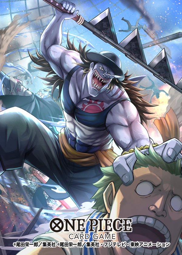 5boys aged_down arlong attack black_cape black_hair blue_skin cape chest_tattoo colored_skin commentary_request copyright_name earrings green_hair hokuyuu holding jewelry jinbe_(one_piece) long_hair long_nose male_focus multiple_boys official_art one_piece one_piece_card_game outdoors ratline sash sharp_teeth shroud_(sailing) tank_top tattoo teeth yellow_sash