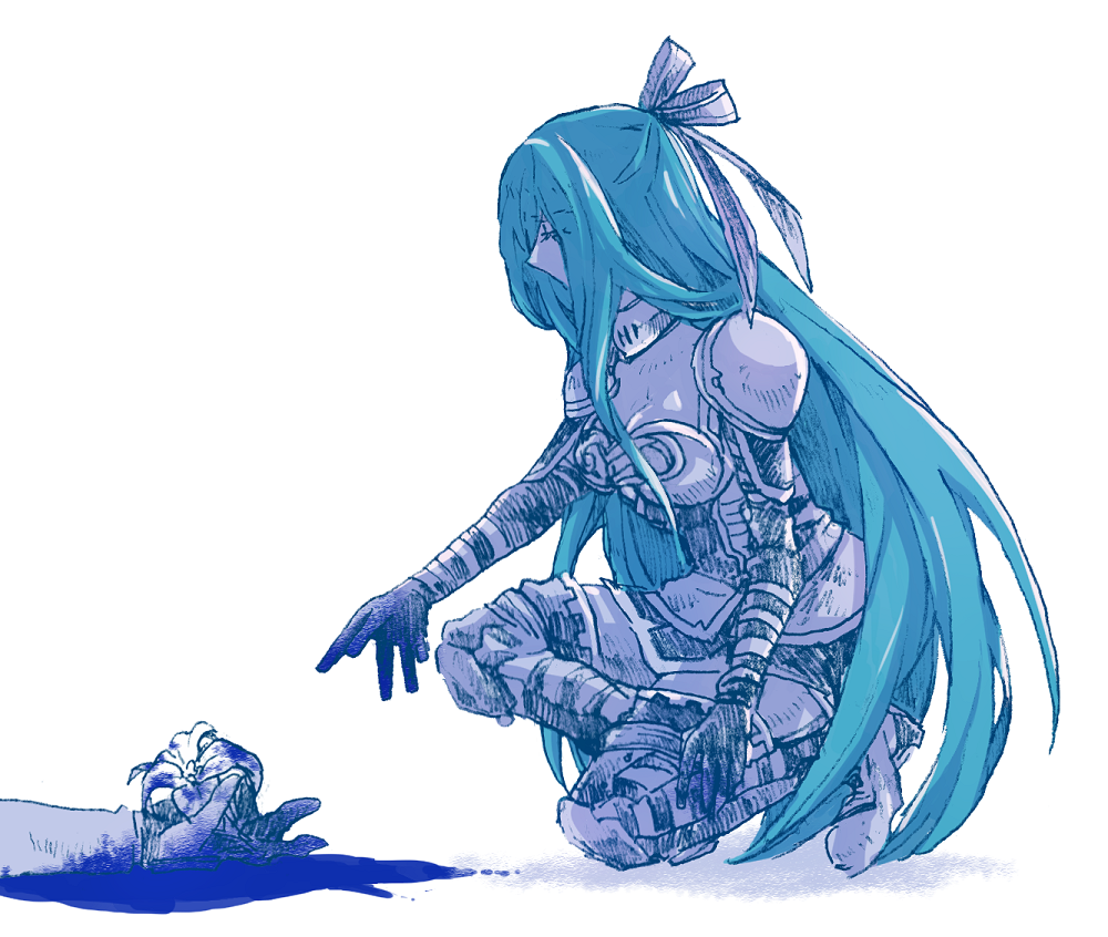 1girl armor armored_boots armored_dress black_gloves blood blood_on_flower blue_hair boots breasts character_request cleavage closed_eyes copyright_request dress flower gloves hair_ribbon long_hair medium_breasts michibata_65 pool_of_blood profile ribbon shoulder_armor simple_background sketch solo very_long_hair white_background white_flower white_ribbon