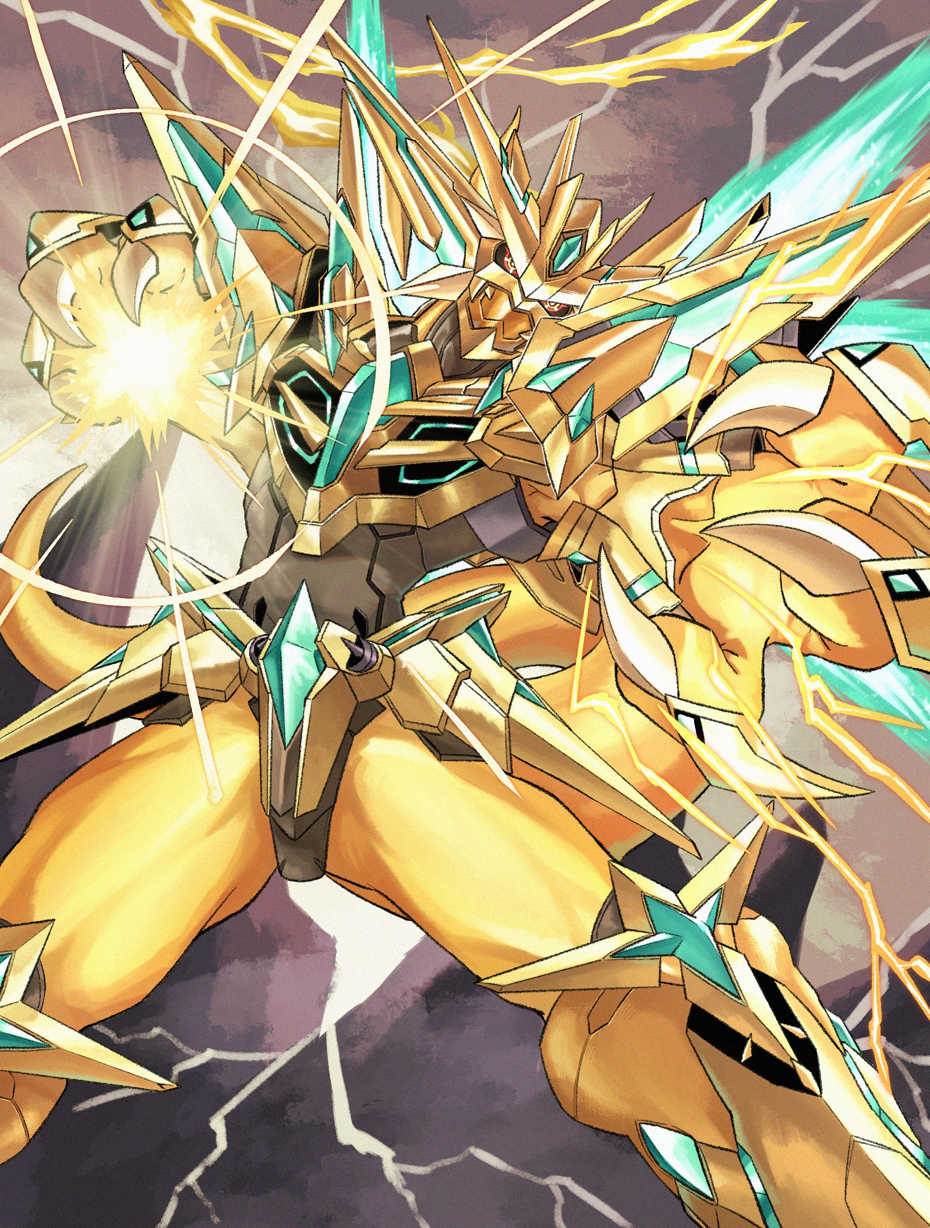 1boy absurdres alternate_form armor aura colored_skin digimon digimon_(creature) dragon electricity energy_wings fewer_digits gold_armor gold_helmet gold_skin highres magnamon_x-antibody powering_up red_eyes solo willd_01 yellow_skin