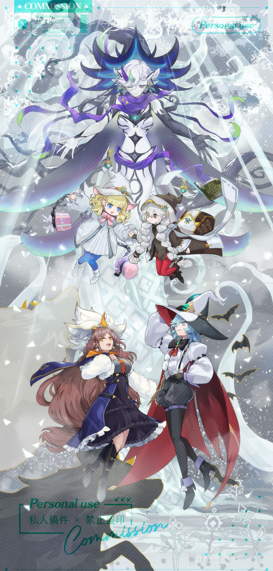 5girls aqua_eyes aqua_hair arm_up astellar_of_the_white_forest black_dress black_pantyhose blonde_hair blue_eyes blue_hair blue_pantyhose blush box braid breasts brown_hair chain commission diabell_queen_of_the_white_forest diabellstar_the_black_witch diabellze_the_original_sinkeeper dress duel_monster earrings elzette_of_the_white_forest gift gift_box hat highres horns hsin jewelry large_breasts long_sleeves looking_at_another looking_down looking_up monocle multiple_girls one_eye_closed open_mouth orange_eyes pantyhose red_pantyhose rucia_of_the_white_forest short_hair silvy_of_the_white_forest smile tree twin_braids white_dress white_hair witch witch_hat yu-gi-oh!
