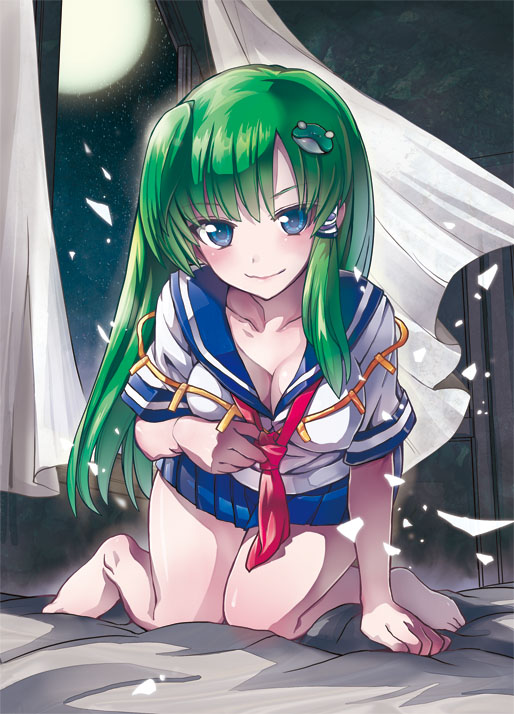 1girl alternate_costume barefoot blue_eyes blush breasts cleavage curtains female_focus frog_hair_ornament full_moon green_hair hair_ornament hair_tubes kochiya_sanae large_breasts long_hair looking_at_viewer moon school_uniform serafuku skirt smile solo tamon_ketsuyuki touhou