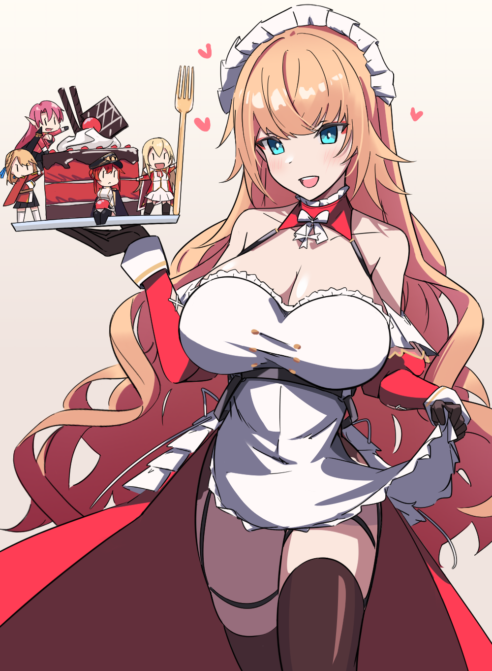 5girls aqua_eyes azur_lane bare_shoulders black_gloves black_thighhighs blonde_hair breasts cake cake_slice cherry chibi chibi_inset cleavage collarbone commentary duke_of_york_(azur_lane) english_commentary food fork fruit gloves heart highres howe_(azur_lane) howe_(pastry_princess)_(azur_lane) king_george_v_(azur_lane) kotalier large_breasts long_hair maid_headdress mini_person minigirl monarch_(azur_lane) multiple_girls official_alternate_costume pink_hair prince_of_wales_(azur_lane) red_hair thighhighs very_long_hair
