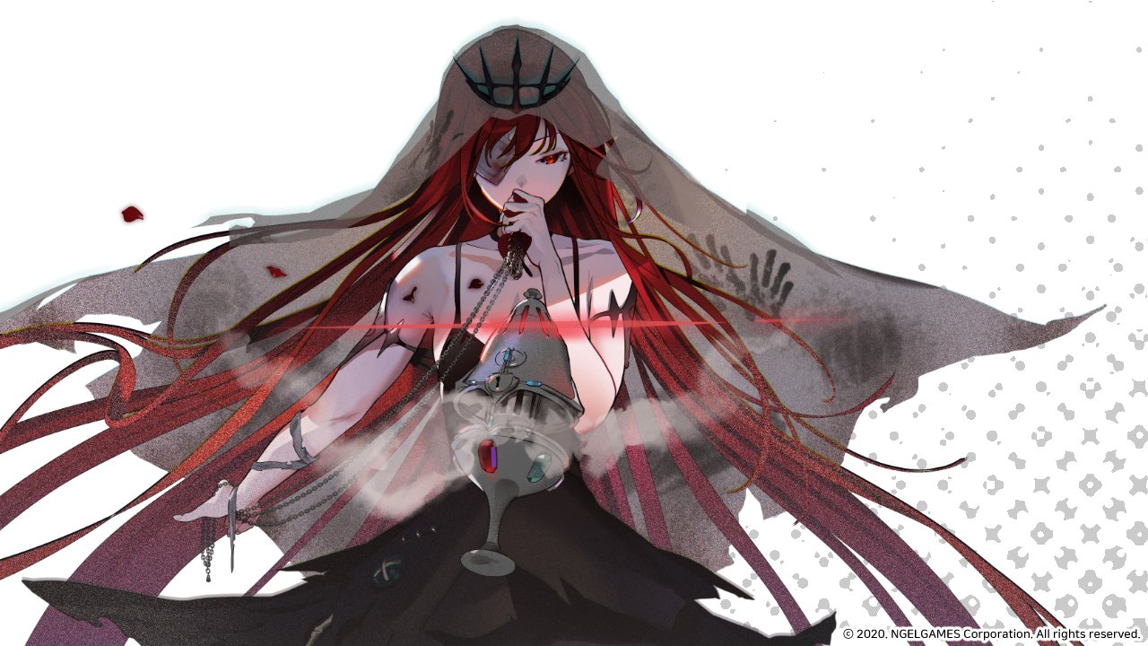 1girl bare_shoulders black_dress black_tiara breasts bridal_veil bride dress eye_print eyepatch floating floating_hair flower game_cg gem handprint hero_cantare holding hwa_ryun leenim long_hair looking_at_viewer official_art one_eye_covered petals red_eyes red_flower red_hair simple_background smoke solo strapless strapless_dress tiara tower_of_god veil