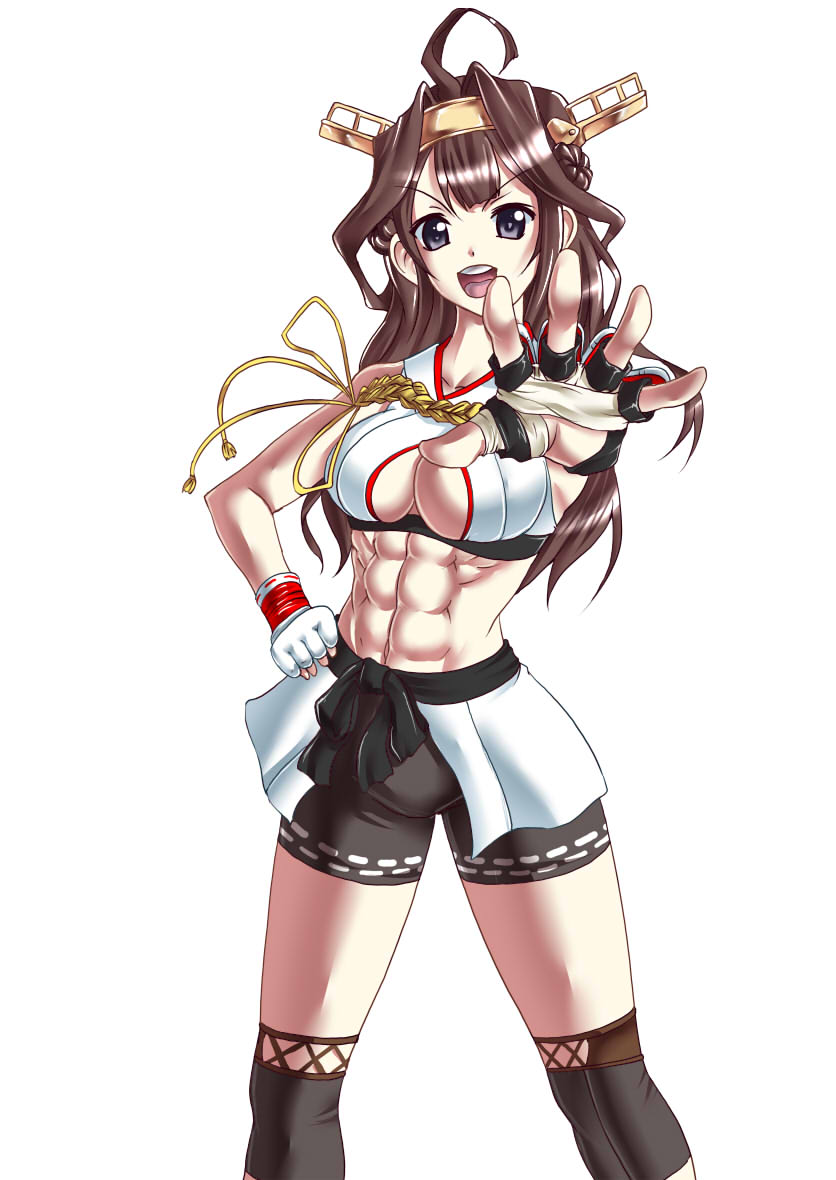 1girl abs adapted_costume ahoge bike_shorts brown_hair double_bun fingerless_gloves gloves kantai_collection knee_brace kongou_(kancolle) long_hair looking_at_viewer midriff mma_gloves navel outstretched_hand rigid rigidsteed shorts simple_background sports_bra