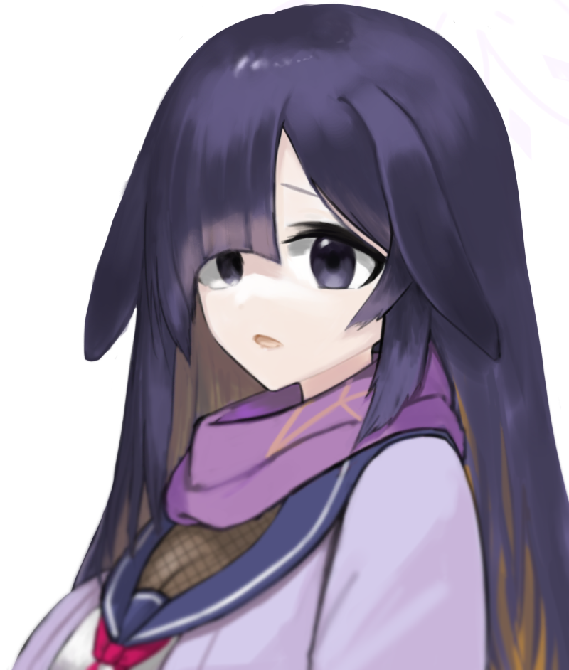 1girl :o animal_ears blue_archive blue_serafuku breasts cleavage large_breasts long_hair looking_at_viewer neckerchief ninja open_mouth penchamu! pink_neckerchief purple_eyes purple_hair purple_scarf purple_sweater rabbit_ears rabbit_girl scarf school_uniform serafuku simple_background solo sweater tsukuyo_(blue_archive) upper_body white_background
