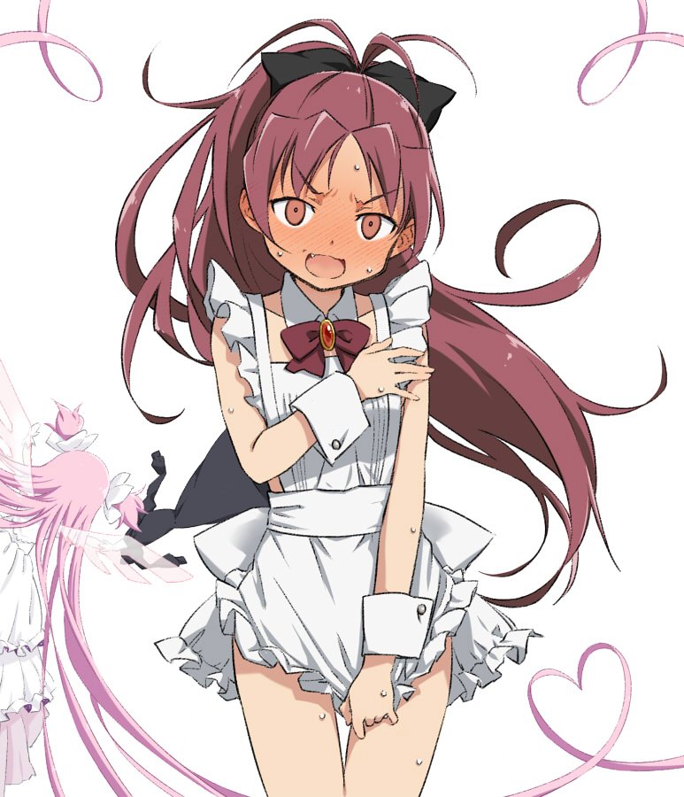 2girls alternate_costume apron back_bow black_bow blush bow bowtie breasts collarbone commentary_request covering_privates covering_breasts cowboy_shot detached_collar dress embarrassed fang full-face_blush furrowed_brow hair_bow heart high_ponytail jewelry kaname_madoka long_hair mahou_shoujo_madoka_magica mahou_shoujo_madoka_magica_(anime) multiple_girls naked_apron open_mouth pink_hair ponytail red_eyes red_hair red_neckwear sakura_kyoko shikou_sakugo_(qqap9gt9k) short_twintails simple_background sleeveless small_breasts solo_focus soul_gem sweat twintails ultimate_madoka very_long_hair white_apron white_background white_bow white_dress wings wrist_cuffs