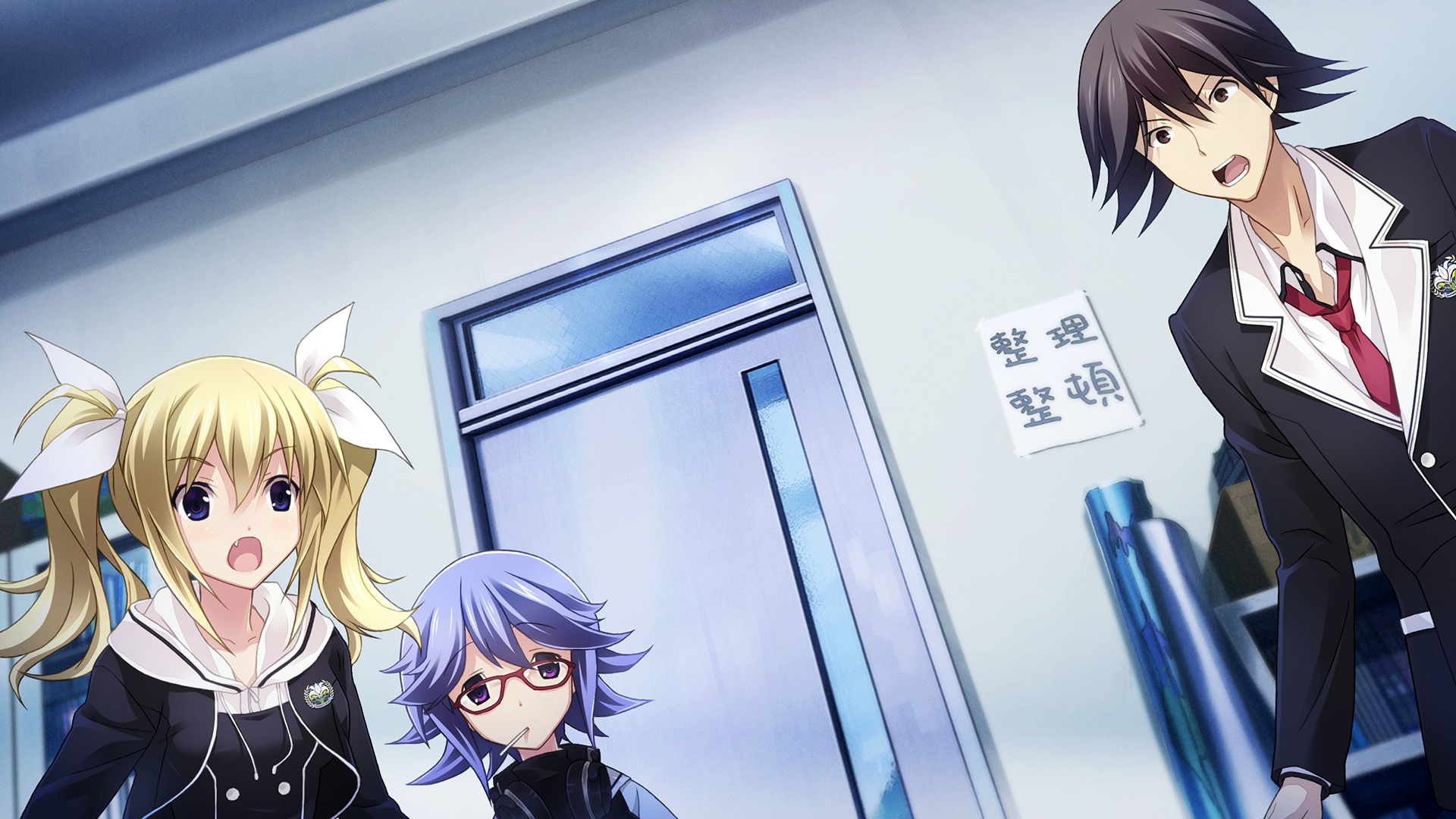 1boy 2girls :o arimura_hinae belt belt_buckle black_jacket black_pants black_trim blazer blonde_hair brown_eyes buckle buttons chaos;child classroom closed_mouth collarbone collared_shirt cropped_jacket double-breasted dress facing_viewer fang floating floating_neckwear floating_object game_cg hair_between_eyes hands_up hekiho_academy hekiho_academy_school_uniform high_collar highres hood indoors itou_shinji_(chaos;child) jacket kazuki_hana library lollipop_in_mouth long_hair messy_hair multiple_boys multiple_girls narrowed_eyes non-web_source official_art open_clothes open_collar open_mouth pants purple_eyes sailor_collar sasaki_mutsumi school school_emblem shirt short_hair sidelocks surprised teeth tongue twintails white_belt white_hood white_sailor_collar white_shirt white_trim window