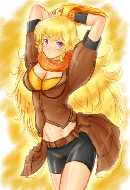 1girl ahoge belt black_gloves black_shorts blonde_hair blush breasts brown_belt brown_top catwithabrush female_focus gauntlets gloves large_breasts long_hair looking_at_viewer midriff neckerchief orange_neckerchief rwby shorts solo waist_cape weapon yang_xiao_long yellow_gauntlets