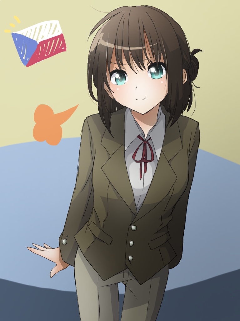 1girl axis_powers_hetalia bad_id bad_pixiv_id blazer blue_eyes blush brown_hair collared_shirt czech_flag czech_republic_(hetalia) female_focus hair_bun jacket pants poyojirou ribbon shirt short_hair single_hair_bun solo