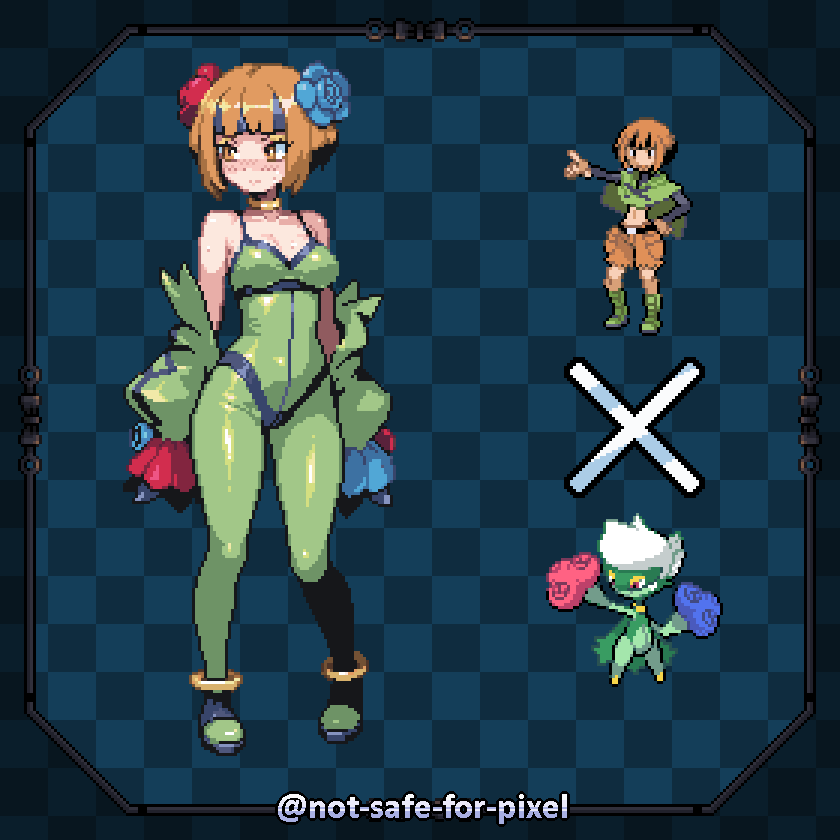 1girl alternate_costume arms_at_sides bare_shoulders black_headband blue_background blue_flower blue_rose blush bodysuit breasts checkered_background collarbone cosplay detached_sleeves female_focus flower full_body gardenia_(pokemon) gen_4_pokemon green_bodysuit green_sleeves hair_flower hair_ornament headband jewelry legs looking_afar matching_hair/eyes medium_breasts neck_ring nintendo nose_blush notsafeforpixel official_art_inset orange_eyes orange_hair pixel_art pokemon pokemon_dppt red_flower red_rose rose roserade roserade_(cosplay) shiny_clothes short_hair sidelocks sleeveless sleeveless_bodysuit solo spaghetti_strap standing