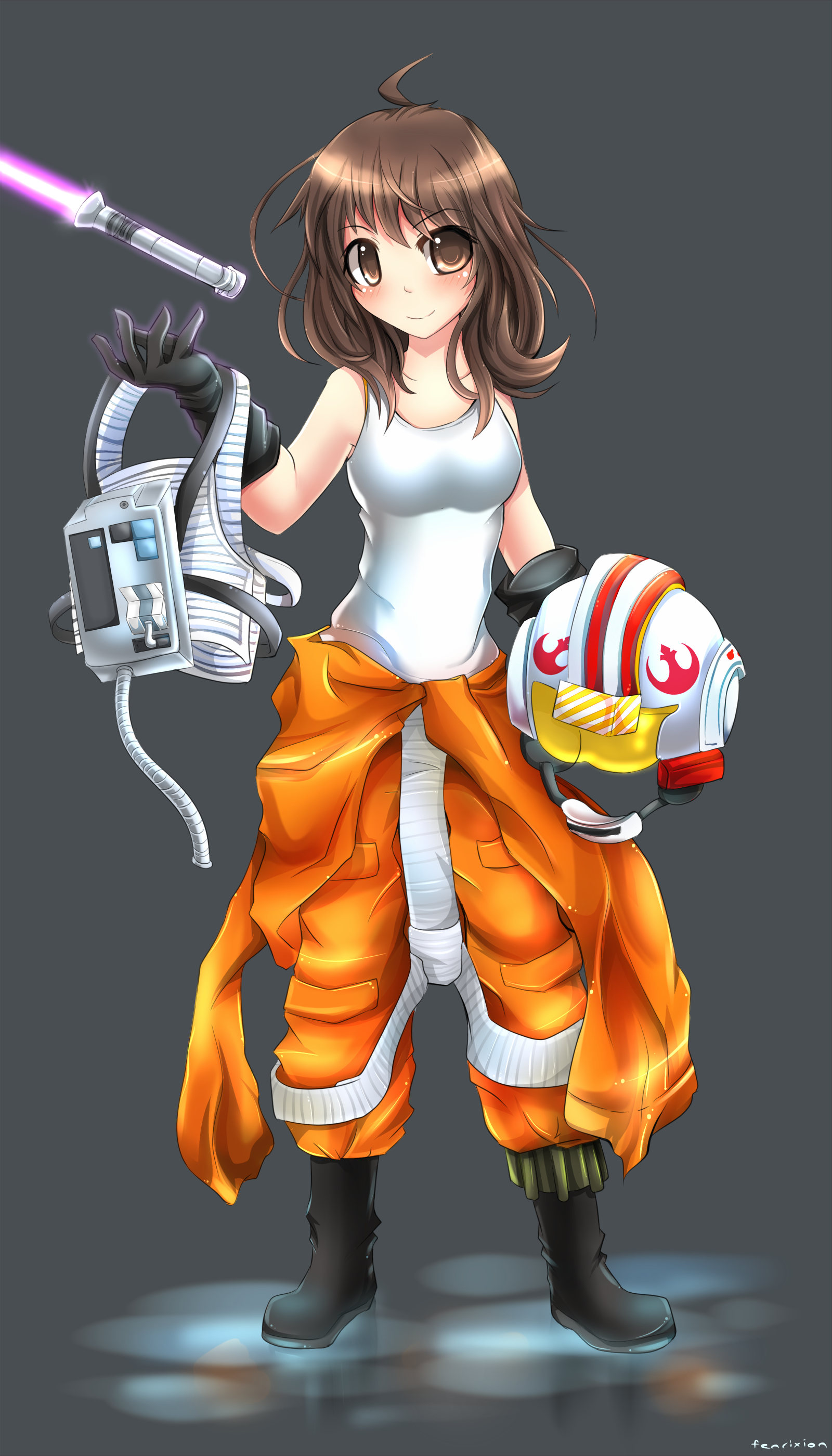 1girl absurdres ahoge animification artist_name black_gloves blush boots breasts brown_eyes brown_hair clothes_around_waist energy_sword female_focus fenrixion floating gloves helmet highres jaina_solo levitation lightsaber pilot_suit purple_lightsaber rebel_pilot_(star_wars) science_fiction short_hair smile solo star_wars sword tank_top unworn_headwear unworn_helmet weapon