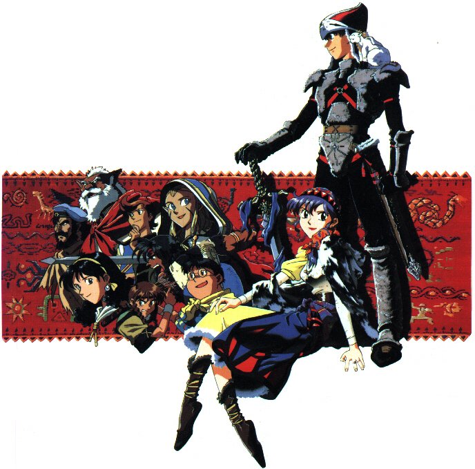 3girls 6+boys alex_noah bandana bird blue_hair dragonmaster game_arts headband jessica_de_alkirk kyle_(lunar) laike luna_noah lunar lunar:_the_silver_star markings mel_de_alkirk mia_ausa multiple_boys multiple_girls nall_(lunar) nash_rumack official_art pointy_ears ponytail ramus sword tempest weapon