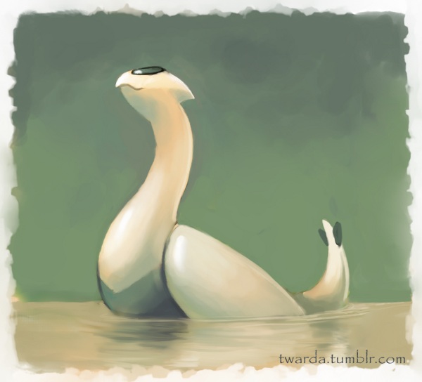 animal_focus border closed_mouth commentary english_commentary full_body gen_2_pokemon green_background legendary_pokemon lugia nintendo no_humans outdoors pokemon pokemon_(creature) ripples solo tumblr_username twarda8 white_border