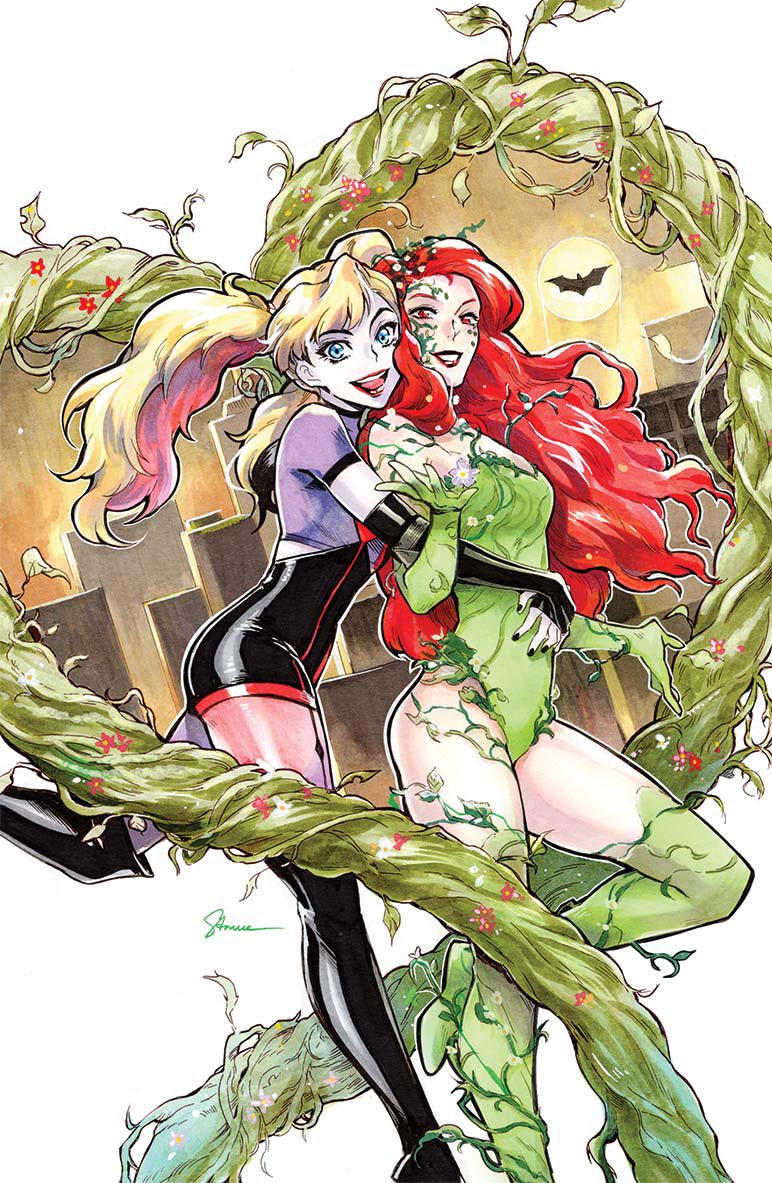 2girls blonde_hair blue_eyes boots comic_cover dc_comics florakinesis green_leotard harley_quinn leaf_leotard leotard lipstick makeup monster_girl multicolored_hair multiple_girls official_art painting_(medium) plant plant_clothing plant_girl poison_ivy red_eyes red_hair red_lips sao_(saowee) streaked_hair textless_version thigh_boots traditional_media two_side_up vines watercolor_(medium) white_facepaint