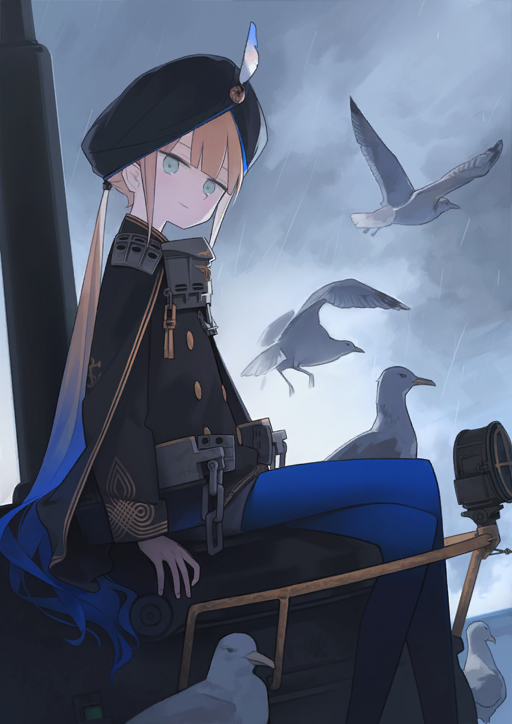 1boy androgynous animal arm_at_side armor astg bird black_cape black_jacket blue_pantyhose blunt_bangs brown_shorts buttons cape captain_nemo_(fate) captain_nemo_(third_ascension)_(fate) chain closed_mouth clothing_request crossed_legs double-breasted dutch_angle fate/grand_order fate_(series) feet_out_of_frame from_side game_cg green_eyes grey_sky hair_tie head_tilt horizon jacket long_hair long_sleeves looking_at_viewer looking_to_the_side low_twintails male_focus nautilus_(fate) nemo_(fate) official_art on_submarine overcast pantyhose rain seagull short_shorts shorts sidelocks sitting sky smile solo storm third-party_source twintails very_long_hair