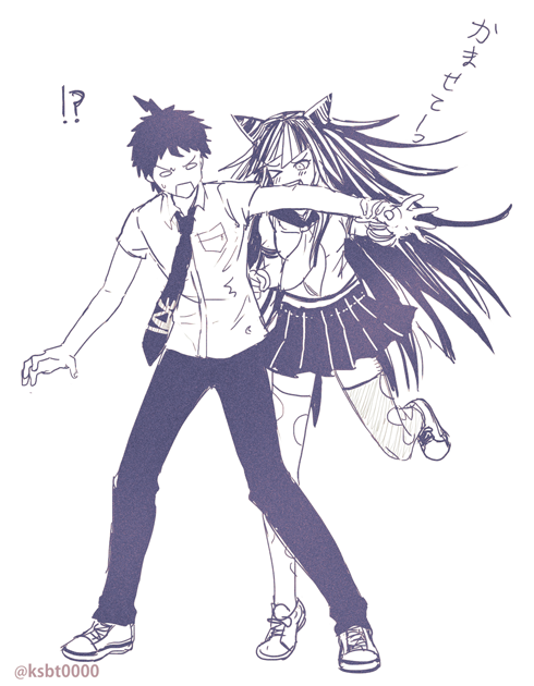 !? 1boy 1girl ahoge biting_arm breast_pocket collared_shirt danganronpa_2:_goodbye_despair full_body hair_horns hajime_(gitoriokawaii) hinata_hajime long_hair miniskirt mioda_ibuki monochrome multicolored_hair neckerchief necktie open_mouth pants pleated_skirt pocket sailor_collar school_uniform serafuku shirt shoes short_hair short_sleeves simple_background skirt smile standing standing_on_one_leg surprised thighhighs torn_clothes torn_thighhighs twitter_username v-shaped_eyebrows