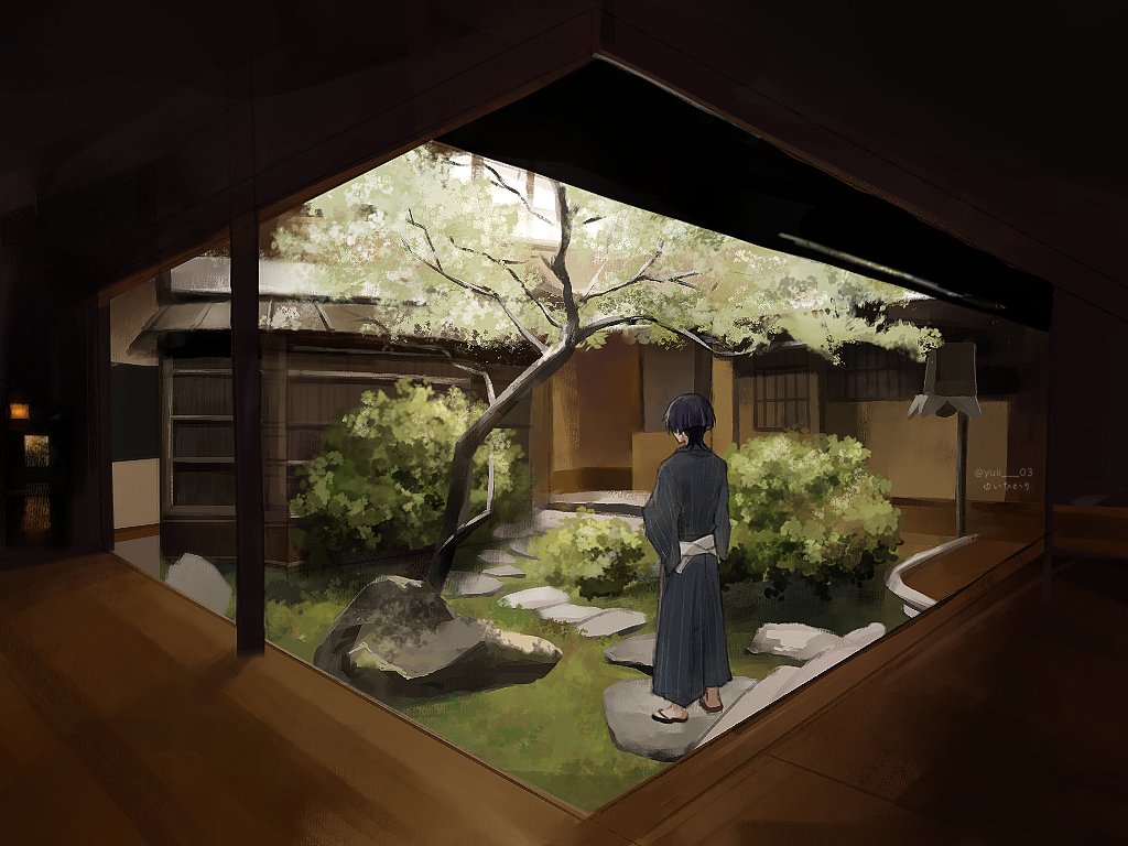 1boy alternate_costume black_hair black_kimono black_pants black_sandals black_sleeves blunt_ends bush from_behind full_body garden genshin_impact grass hakama hakama_pants indoors japanese_clothes kimono long_sleeves male_focus multicolored_hair pants pillar porch rock sandals sash scaramouche_(genshin_impact) solo standing streaked_hair tree veranda white_sash wide_sleeves window yuii_03 zouri
