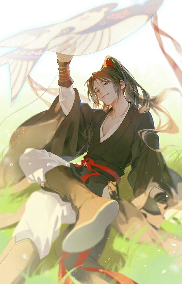 1boy arm_guards arm_support arm_up artist_name black_hair black_hanfu boots brown_boots brown_eyes brown_hair chinese_clothes closed_mouth day grass hair_ribbon hand_up hanfu high_ponytail holding_kite kite light_particles long_hair long_sleeves looking_at_viewer looking_up male_focus modao_zushi on_ground oten outdoors pants ponytail red_ribbon red_sash ribbon sash sitting smile solo very_long_hair watermark wei_wuxian white_pants wide_sleeves