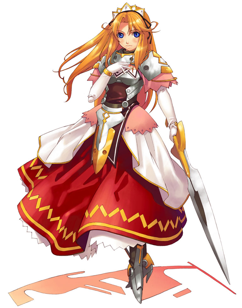 1girl armor armored_dress blonde_hair blue_eyes boots dress female_focus full_body garnet_(spectral_souls) gloves greaves hairband hirano_katsuyuki long_hair official_art pauldrons red_dress shoulder_armor solo spectral_(series) spectral_souls sword weapon white_background