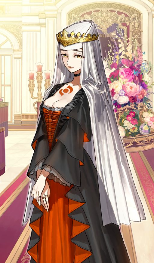 1girl black_choker black_dress breasts chest_tattoo choker cleavage collarbone commentary crown dress evening_gown fate/grand_order fate_(series) feet_out_of_frame formal_clothes frilled_dress frills gold_crown indoors jewelry layered_dress long_dress long_sleeves looking_to_the_side low_neckline medium_breasts multicolored_dress multiple_rings official_art parted_lips red_dress red_tattoo ring sessyoin_kiara sessyoin_kiara_(festival_outfit) smile solo standing tattoo third-party_source two-sided_fabric v_arms veil wada_arco white_veil wide_sleeves yellow_eyes