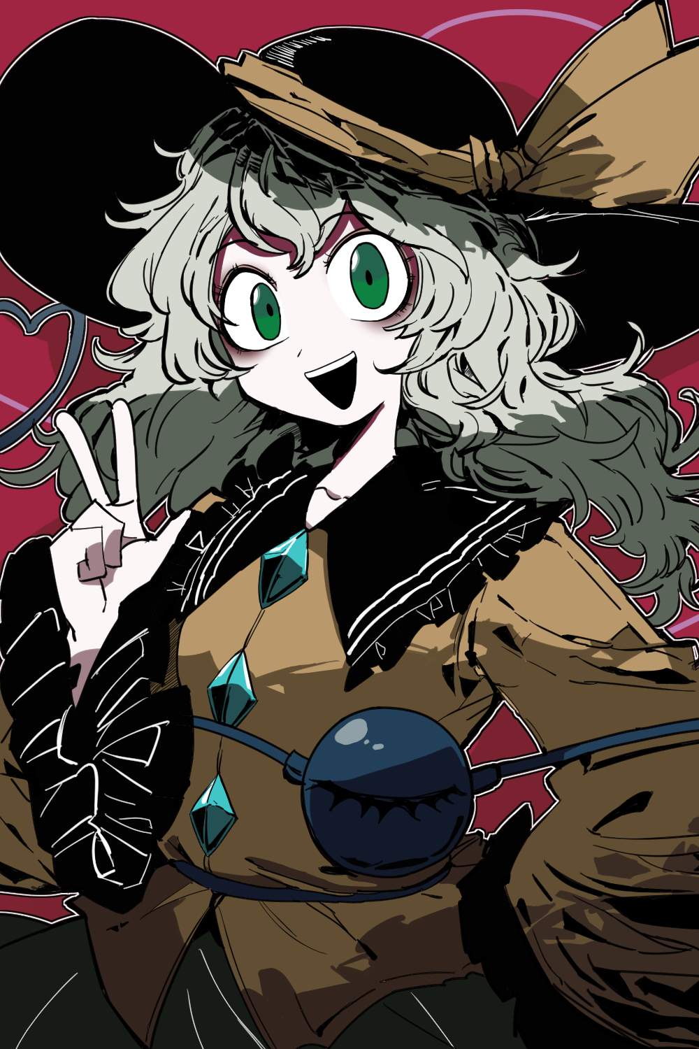 1girl black_hat bollzzalguy buttons diamond_button eyeball frilled_shirt_collar frilled_sleeves frills green_eyes green_skirt grey_hair hat hat_ribbon heart heart_of_string highres komeiji_koishi red_background ribbon shirt skirt smile third_eye touhou v wide_sleeves yellow_ribbon yellow_shirt