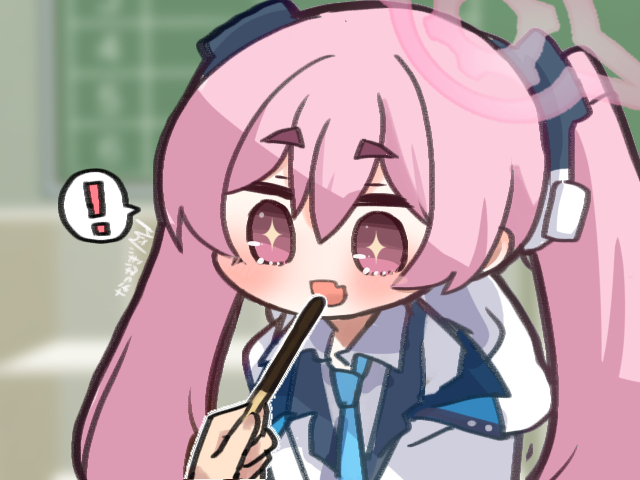 ! 1girl artist_name blue_archive blue_necktie blurry blurry_background blush chalkboard commentary_request dress_shirt fang fanged_bangs feeding food hair_between_eyes hair_ornament halo hood hooded_jacket jacket koyuki_(blue_archive) long_hair natsu_ya_mugi necktie out_of_frame pink_eyes pink_hair pink_halo pocky shirt short_eyebrows signature skin_fang solo_focus spoken_exclamation_mark star-shaped_pupils star_(symbol) symbol-shaped_pupils thick_eyebrows twintails two-sided_fabric two-sided_jacket white_jacket