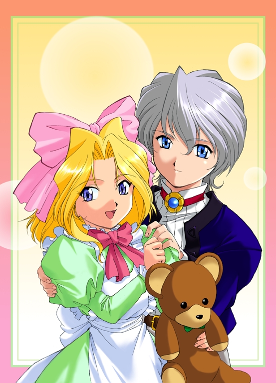 2girls apron aqua_eyes back_bow belt belt_buckle black_eyes blonde_hair blue_eyes blue_jacket blue_sleeves border bow bowtie brown_belt buckle child choker closed_mouth collar cowboy_shot dress eyelashes flower_choker flower_ornament frilled_apron frilled_collar frilled_sleeves frills gold_buckle gradient_background green_border green_bow green_bowtie green_dress green_sleeves grey_hair grey_pants hair_between_eyes hair_bow hair_intakes hand_on_another&#039;s_shoulder high_collar iris_chateaubriand jacket jean-paul juliet_sleeves large_bow long_sleeves looking_at_viewer medium_hair multiple_girls non-web_source official_art open_mouth pants parted_bangs pink_border pink_bow puffy_sleeves red_bow red_bowtie red_choker reni_milchstrasse retro_artstyle sakura_taisen sakura_taisen_ii sega shirt simple_background solid_circle_eyes wavy_hair white_apron white_collar white_shirt yamaguchi_yasushi yellow_background