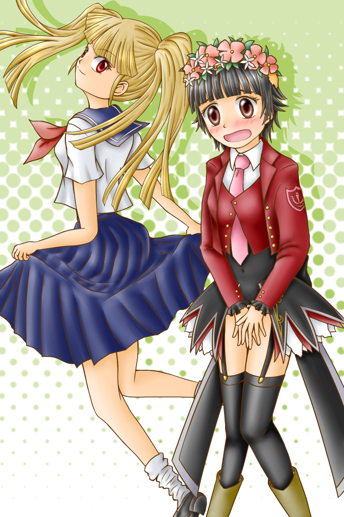 2girls asmodeus_(umineko) black_hair black_leotard blonde_hair cosplay costume_switch leotard multiple_girls toaru_kagaku_no_railgun toaru_majutsu_no_index toyosaki_aki twintails umineko_no_naku_koro_ni voice_actor_connection