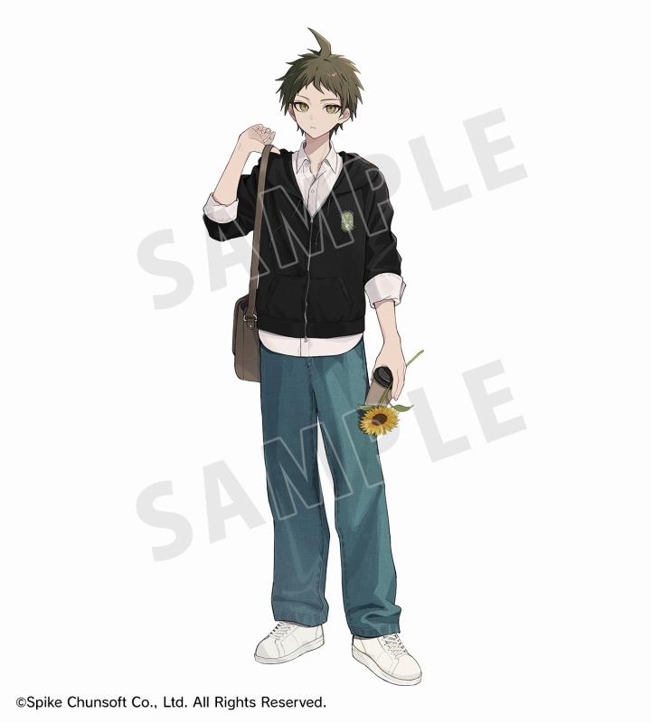 1boy ahoge akakura black_jacket brown_eyes brown_hair casual collared_shirt copyright_name danganronpa_(series) danganronpa_2:_goodbye_despair flower full_body headphones headphones_removed hinata_hajime holding holding_flower holding_headphones jacket male_focus official_alternate_costume pants shirt shoes short_hair solo sunflower white_shirt white_shoes yellow_flower