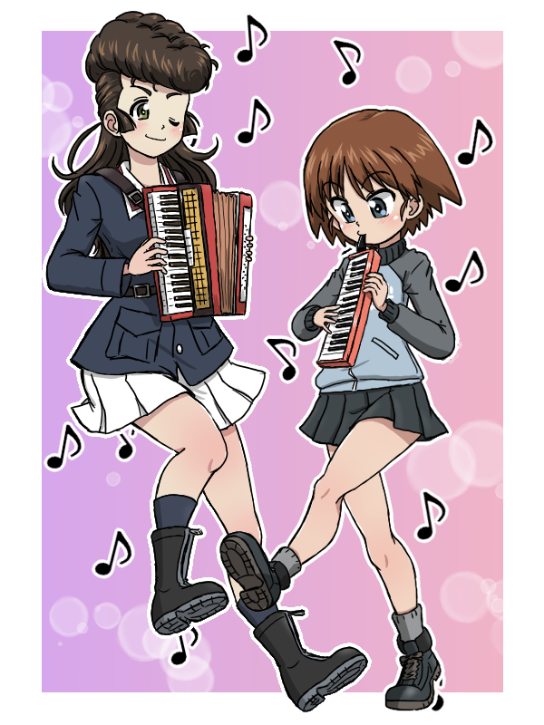 2girls accordion blue_eyes blush brown_hair closed_mouth full_body girls_und_panzer green_eyes instrument keizoku_school_uniform keyboard_(instrument) melodica military_uniform multiple_girls one_eye_closed ooarai_military_uniform pompadour sakaguchi_karina school_uniform short_hair simple_background smile takahashi_kurage wink yuri_(girls_und_panzer)