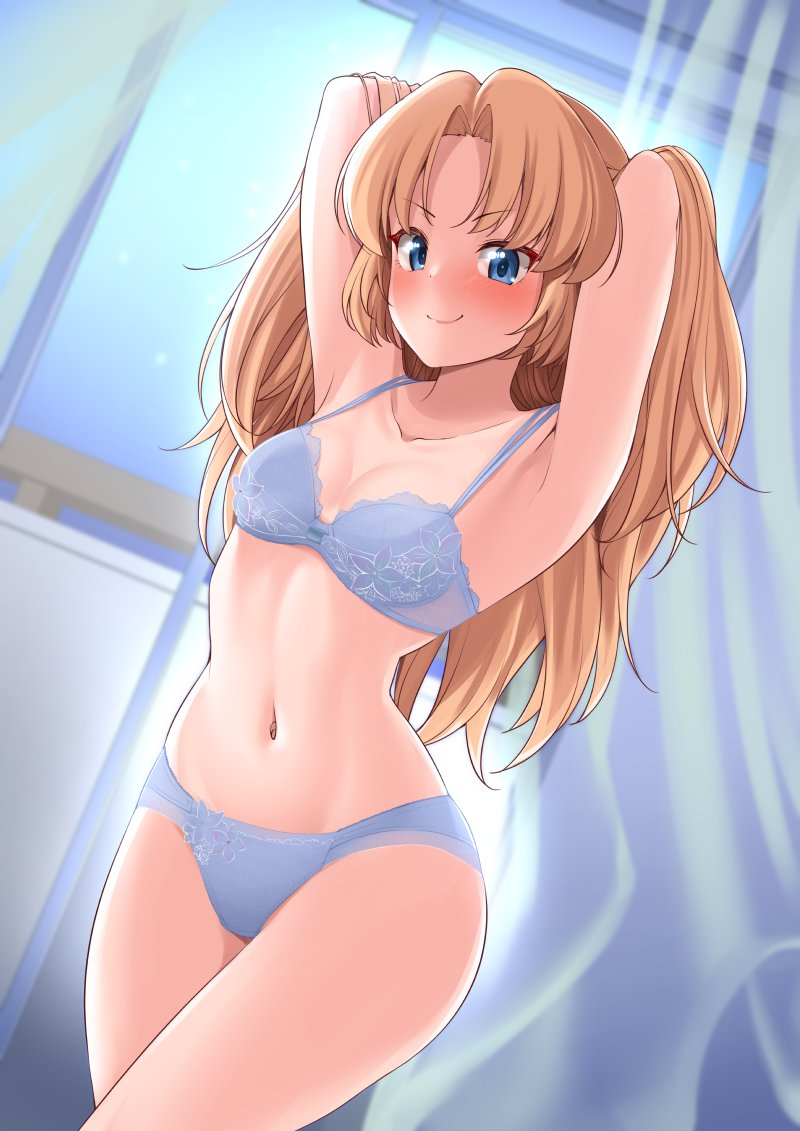 1girl armpits arms_behind_head arms_up blonde_hair blue_bra blue_eyes blue_panties blush bra breasts cleavage commission curtains dream_c_club_(series) dream_c_club_gogo. hisakabe_oto indoors long_hair looking_at_viewer medium_breasts navel panties seira_(dream_c_club_gogo.) skeb_commission smile solo thighs underwear underwear_only window