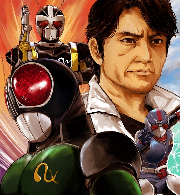 4boys antennae bad_id bad_pixiv_id biorider gun kamen_rider kamen_rider_black_rx kamen_rider_black_rx_(series) kamisimo_90 male_focus md5_mismatch minami_kotaro minami_koutarou multiple_boys multiple_persona roborider weapon
