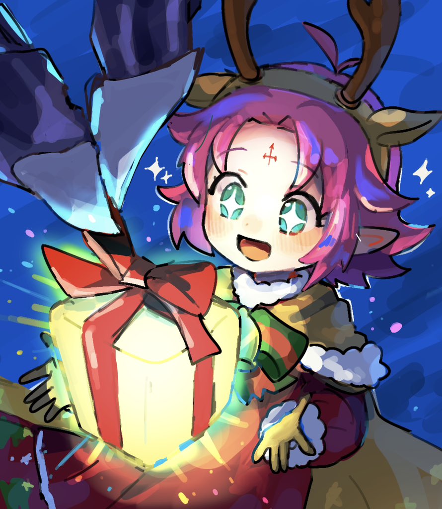 +_+ 1girl :d alternate_form animal_ear_hairband animal_ears antenna_hair box christmas commentary_request deer_ears dragon eyelashes facial_mark fae_(fire_emblem) fae_(winter)_(fire_emblem) fake_animal_ears fire_emblem fire_emblem:_the_binding_blade fire_emblem:_the_sacred_stones fire_emblem_heroes fomortiis_(fire_emblem) fomortiis_(winter)_(fire_emblem) forehead_mark gift gift_box glowing green_eyes hairband leon0630claude medium_hair nintendo official_alternate_costume open_mouth pink_hair smile sparkle