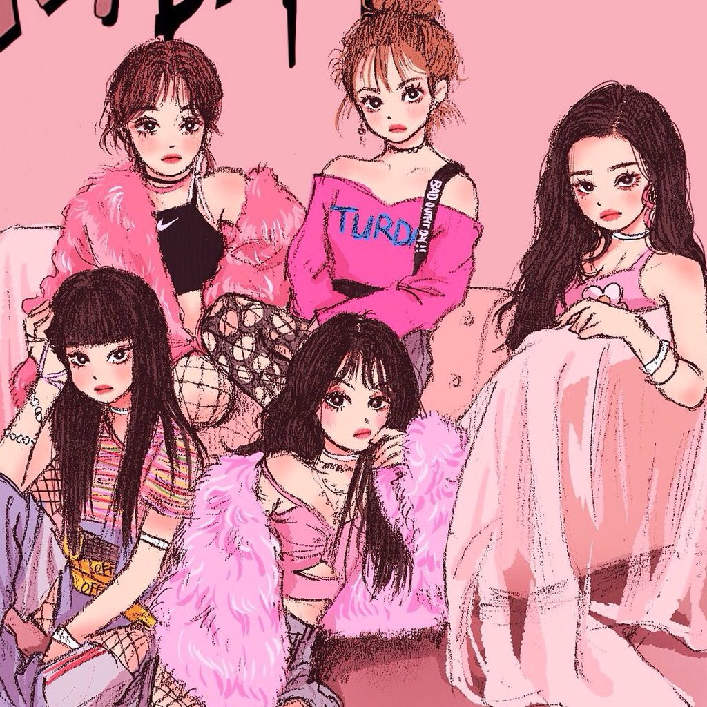 5girls black_hair blunt_bangs boots brown_hair choker coat commentary earrings fishnet_pantyhose fishnets fur_coat hair_bun irene_(red_velvet) jewelry joy_(red_velvet) k-pop lone_nape_hair long_hair multiple_girls pantyhose pikaristar pink_background pink_coat pink_lips pink_theme real_life red_velvet_(group) seulgi_(red_velvet) shirt simple_background sitting t-shirt twitter_username wendy_(red_velvet) yeri_(red_velvet)