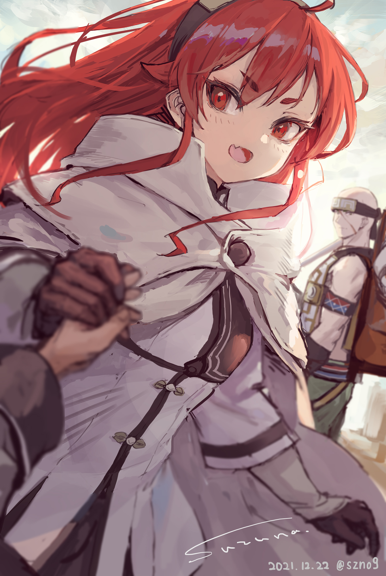 1girl 2boys :d backpack bag black_gloves black_skirt cape dutch_angle eris_greyrat fang gloves green_pants hand_grab highres jacket long_hair long_sleeves multiple_boys mushoku_tensei open_mouth pants red_eyes red_hair ruijerd_superdia short_eyebrows skirt smile solo_focus suzuno_(bookshelf) thick_eyebrows white_cape white_jacket