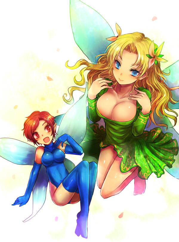 2girls atlus barefoot blonde_hair blue_eyes blue_thighhighs boots breasts brown_hair cleavage dress elbow_gloves fairy gloves insect_wings kara_(color) large_breasts leotard long_hair medium_breasts megami_tensei multiple_girls persona pixie_(megami_tensei) pointy_ears red_eyes red_hair shin_megami_tensei short_hair size_difference thighhighs titania_(megami_tensei) wings