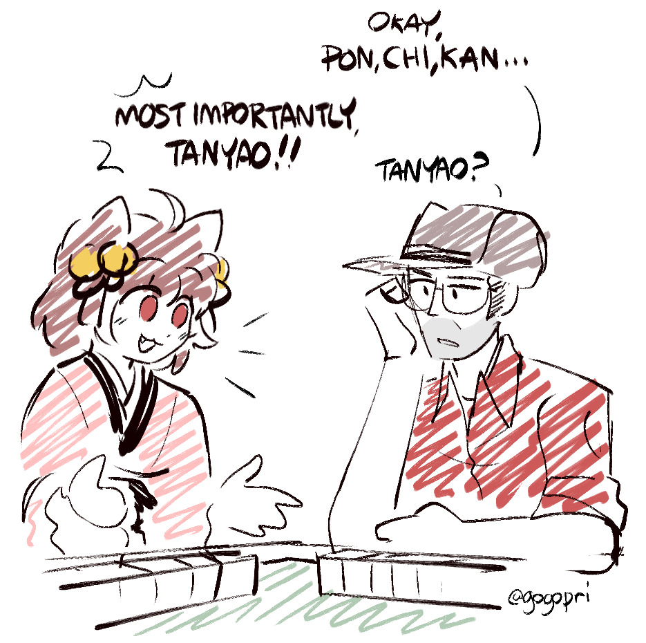 1boy 1girl ahoge animal_ears bad_id bad_tumblr_id bell brown_hair brown_hat cat_ears cat_girl collared_shirt commentary cowboy_hat crossover english_commentary english_text facial_hair fang glasses gogopri hair_bell hair_ornament hat ichihime jingle_bell looking_at_another mahjong mahjong_soul mahjong_tile open_mouth pink_shirt red_eyes red_shirt red_sniper_(tf2) shirt short_hair simple_background sketch smile sniper_(tf2) stubble team_fortress_2 upper_body white_background