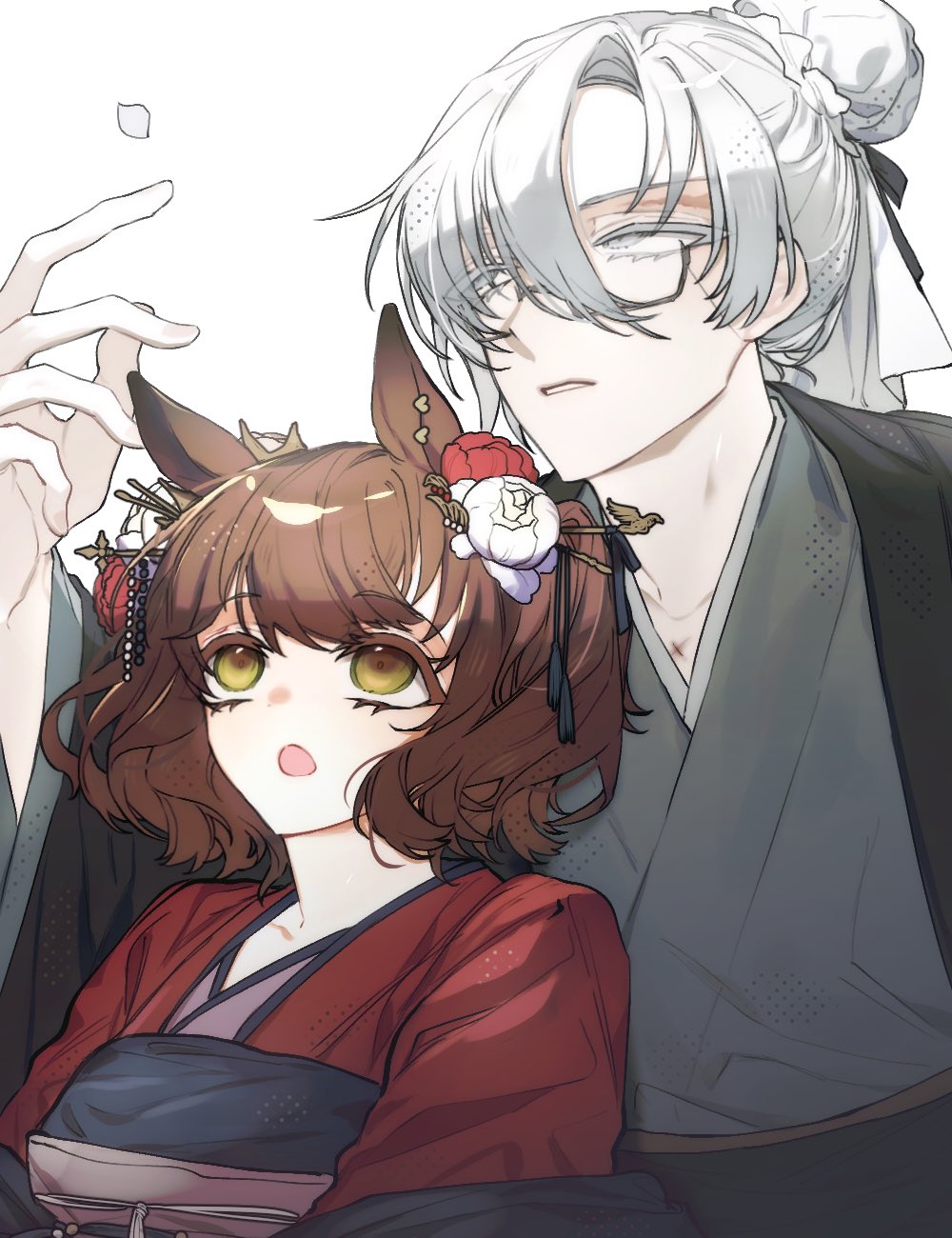 2girls 6543_plz :o anonymous_trainer_(6543_plz) aston_machan_(umamusume) brown_hair chinese_clothes commentary_request curtained_hair female_trainer_(umamusume) flower glasses grey_eyes grey_hanfu hair_between_eyes hair_bun hair_flower hair_ornament hand_up hanfu height_difference highres korean_commentary multiple_girls oc_x_canon open_mouth original parted_lips qujupao red_hanfu scar scar_on_face short_hair single_hair_bun trainer_(umamusume) umamusume upper_body white_hair yellow_eyes