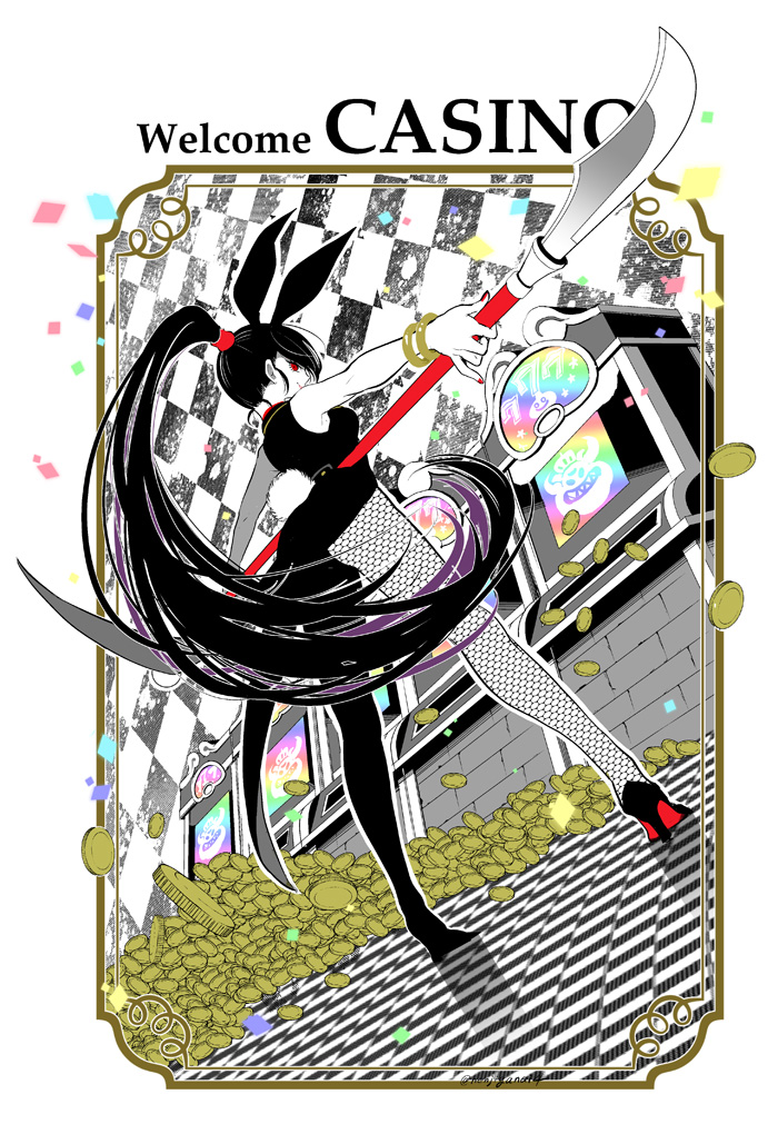 animal_ears black_hair booga_(dragon_quest) bracelet casino checkered_floor christian_louboutin_(brand) coin commentary_request confetti dragon_quest dragon_quest_xi english_text fake_animal_ears fake_tail fishnet_pantyhose fishnets floating_clothes floating_hair from_behind gold_bracelet gold_coin high_heels high_ponytail holding holding_polearm holding_weapon im5364 jewelry limited_palette looking_at_viewer looking_back martina_(dq11) naginata pantyhose polearm ponytail profile rabbit_ears rabbit_tail red_eyes red_lips red_nails slime_(dragon_quest) slot_machine smile tail tailcoat_playboy_bunny weapon