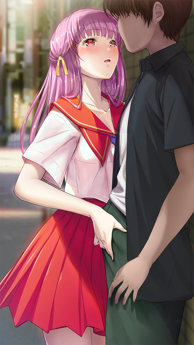 1boy 1girl against_wall assertive_female black_hair black_shirt blurry blurry_background blush collared_shirt cowboy_shot doukyuusei doukyuusei_(series) doukyuusei_another_world dress_shirt game_cg green_pants hair_ribbon hetero long_hair looking_at_another looking_up miniskirt official_art open_clothes open_mouth open_shirt outdoors pants pink_hair pleated_skirt red_eyes red_sailor_collar red_skirt ribbon sailor_collar sailor_shirt sakuragi_mai school_uniform serafuku shirt short_hair short_sleeves skirt white_shirt wing_collar yellow_ribbon