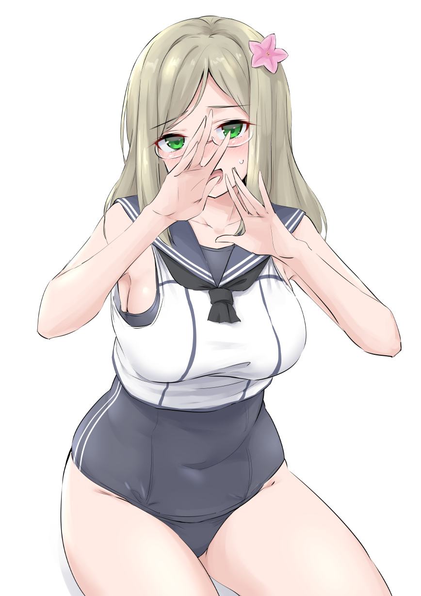 1girl alternate_costume bare_arms blush breasts cosplay covering_privates cowboy_shot crop_top embarrassed flower glasses green_eyes hair_flower hair_ornament highres kantai_collection katori_(kancolle) large_breasts light_brown_hair long_hair looking_at_viewer one-piece_swimsuit open_mouth ro-500_(kancolle) ro-500_(kancolle)_(cosplay) sailor_collar school_swimsuit school_uniform serafuku simple_background solo sweatdrop swimsuit swimsuit_under_clothes takomeshi thighs white_background