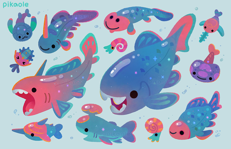 &gt;_&lt; ammonite animal animal_focus artist_name black_eyes blue_background closed_mouth commentary dunkleosteus english_commentary fins fish no_humans open_mouth original pikaole pteraspis red_eyes simple_background smile solid_circle_eyes fish_tail teeth watermark