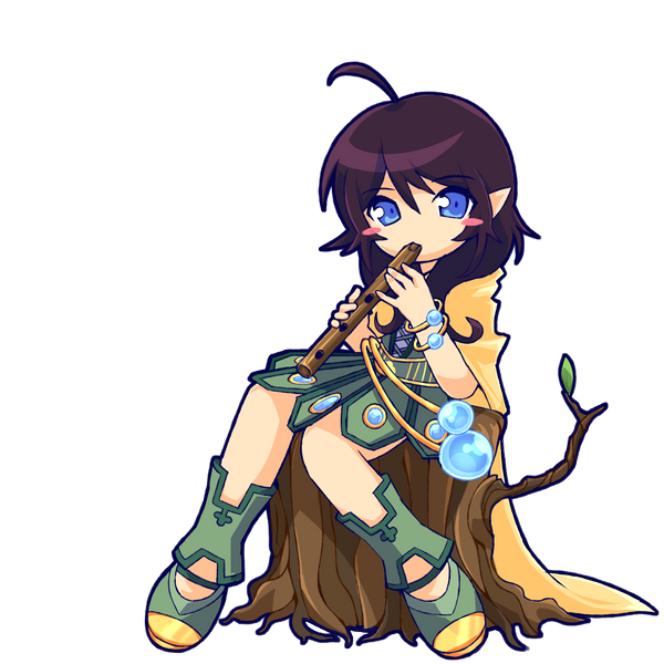 1girl 2000s_(style) ahoge avanna black_hair blue_eyes blue_outline blush_stickers bracelet cape corset dumbslime gold_trim green_corset green_leg_warmers green_shoes green_skirt instrument jewelry leg_warmers looking_at_viewer music orange_cape outline playing_flute playing_instrument pointy_ears shoes sitting on_tree_stump skirt solo transparent_background tree_stump vocaloid