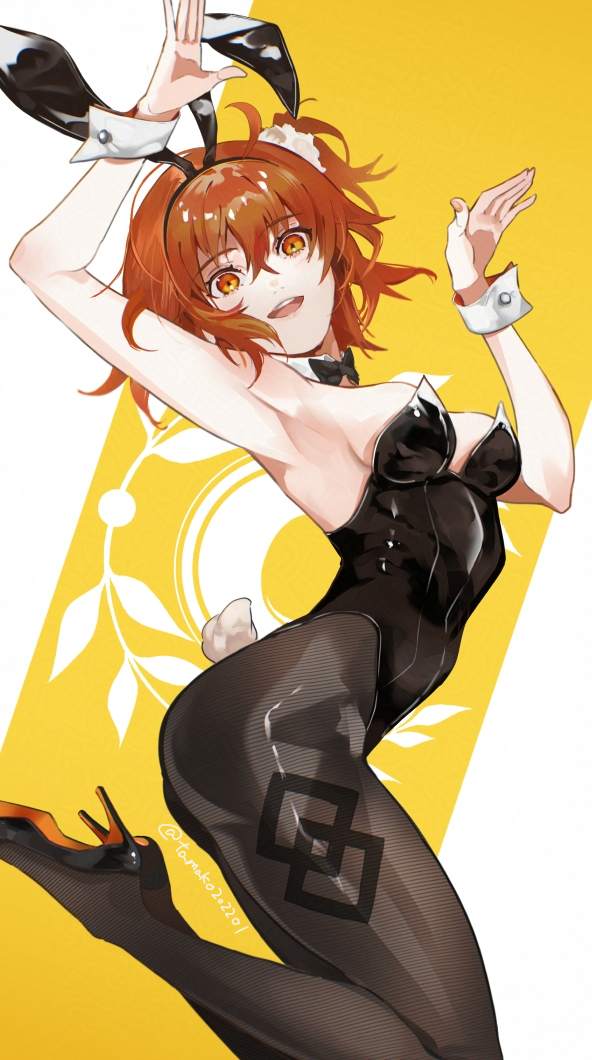 1girl animal_ears arms_up black_pantyhose breasts chaldea_logo choppy_bangs detached_collar fate/grand_order fate_(series) floating_hair fujimaru_ritsuka_(female) hair_between_eyes hanako_(onikutabetaiyo) high_heels jumping leotard medium_breasts narrow_waist orange_eyes orange_hair out_of_frame pantyhose playboy_bunny rabbit_ears rabbit_tail solo tail type-moon wrist_cuffs