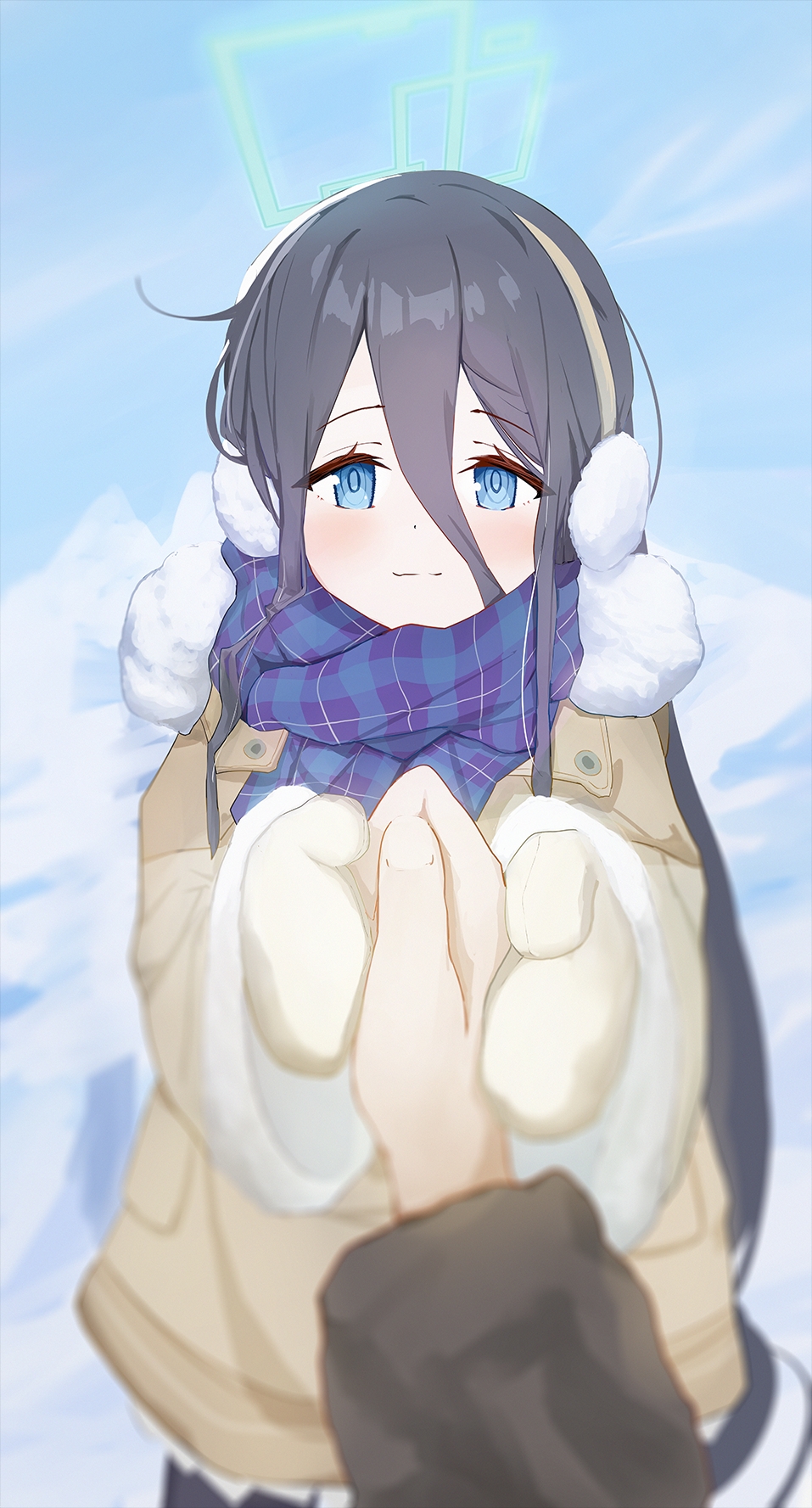 1girl 1other aqua_halo aris_(blue_archive) aris_(winter)_(blue_archive) black_pantyhose blue_archive blue_eyes blue_scarf blurry blush brown_coat chinese_commentary closed_mouth coat commentary_request cowboy_shot depth_of_field dot_nose double-parted_bangs earmuffs fingernails fur-trimmed_coat fur-trimmed_sleeves fur_trim grabbing_another&#039;s_hand grey_hair hair_between_eyes halo hand_grab highres long_bangs long_hair long_sleeves looking_at_viewer mi_kan_(1101515378) mixed-language_commentary official_alternate_costume outdoors pantyhose plaid_clothes plaid_scarf pleated_skirt pocket pov pov_hands rectangular_halo ringed_eyes scarf sidelocks skirt sky smile snow solo_focus split_mouth straight-on very_long_hair warming_hands white_skirt winter winter_clothes winter_coat