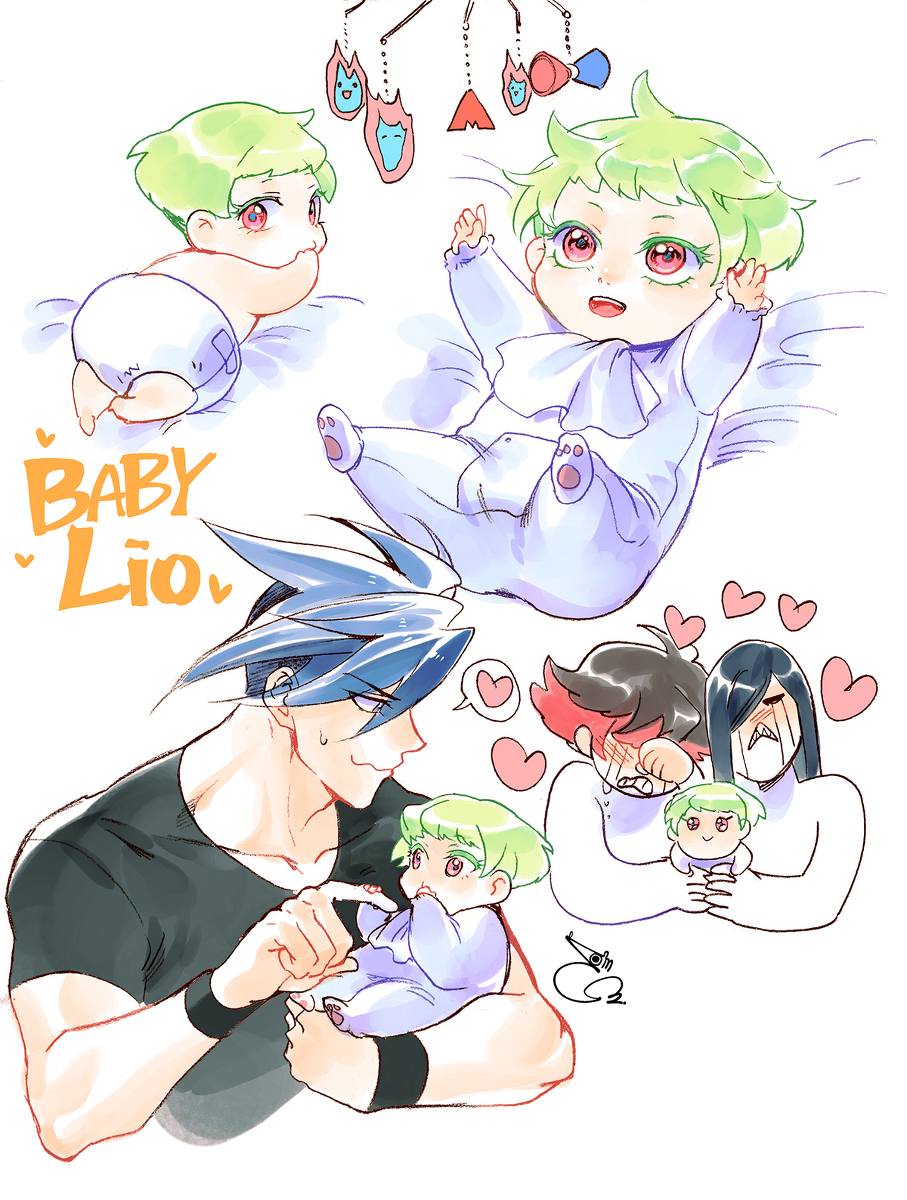 4boys age_regression aged_down ascot baby bae_(baebae) black_shirt blush fire galo_thymos green_hair gueira heart highres lio_fotia meis_(promare) mobile multiple_boys onesie promare purple_eyes shirt spoken_heart t-shirt wavy_mouth